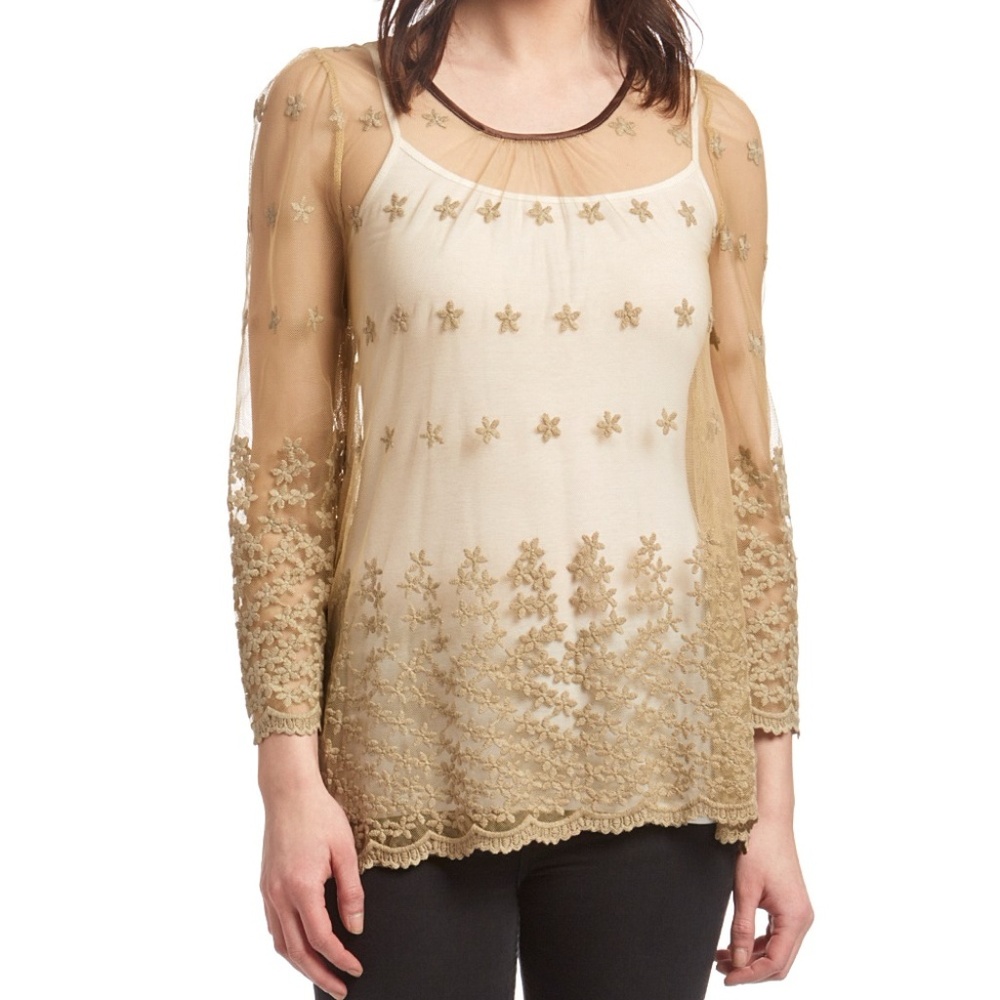 Ryu cocoa sheer lace top NWT